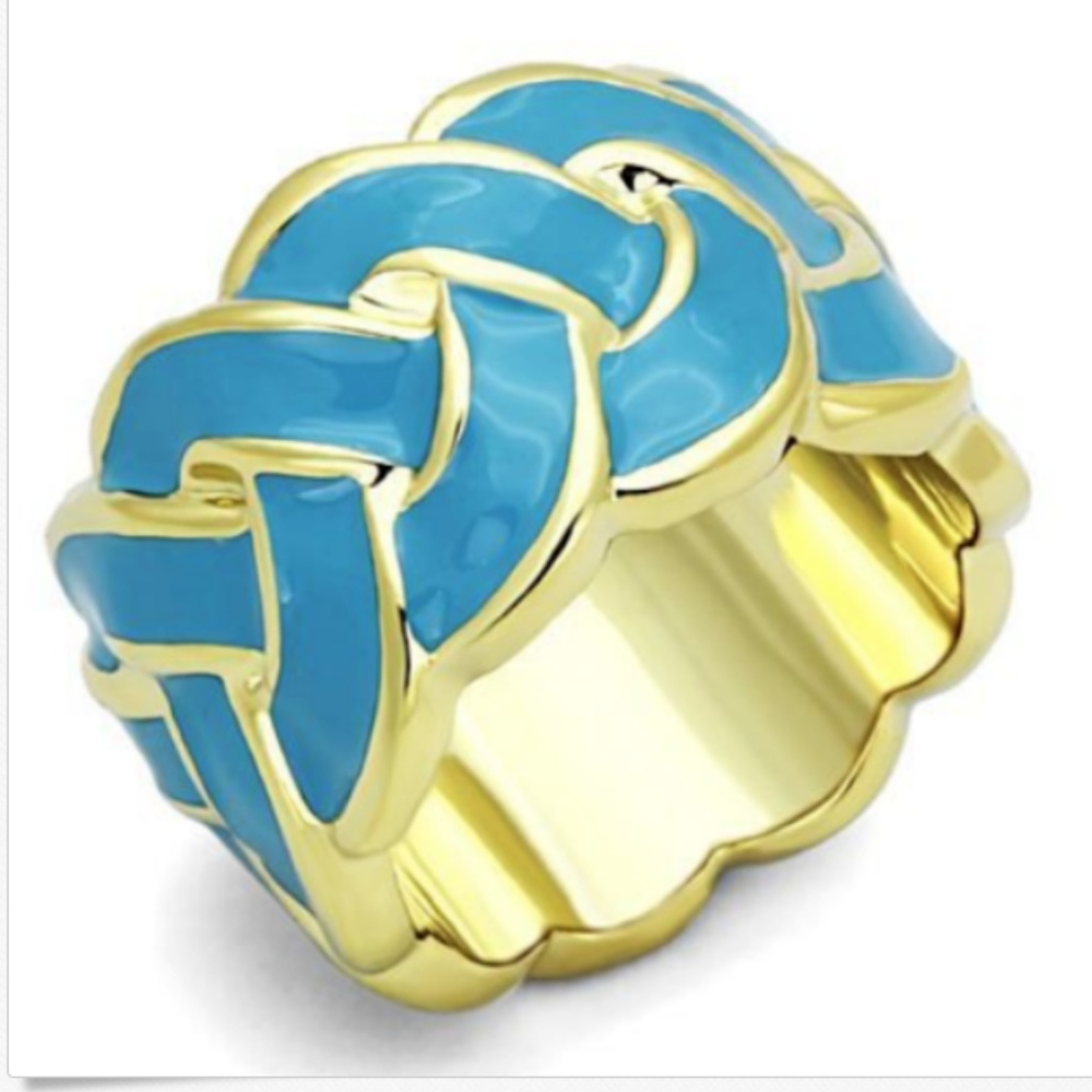 Aqua Deco Eternity Band Ring Size 6 Enamel Gold Plated Thick Blue Waves Weave
